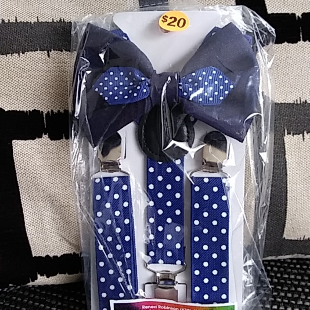 Hand made navy blue snap on bowtie with suspenders